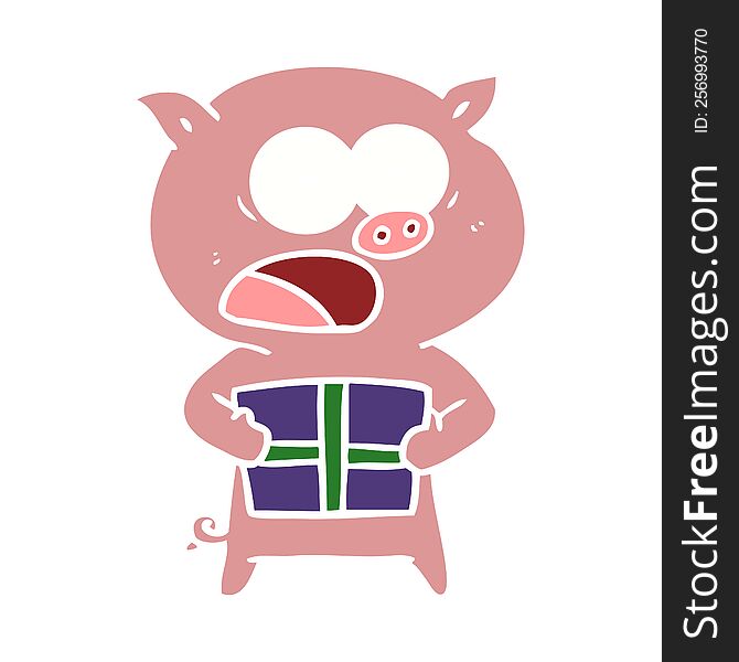 flat color style cartoon pig with christmas present
