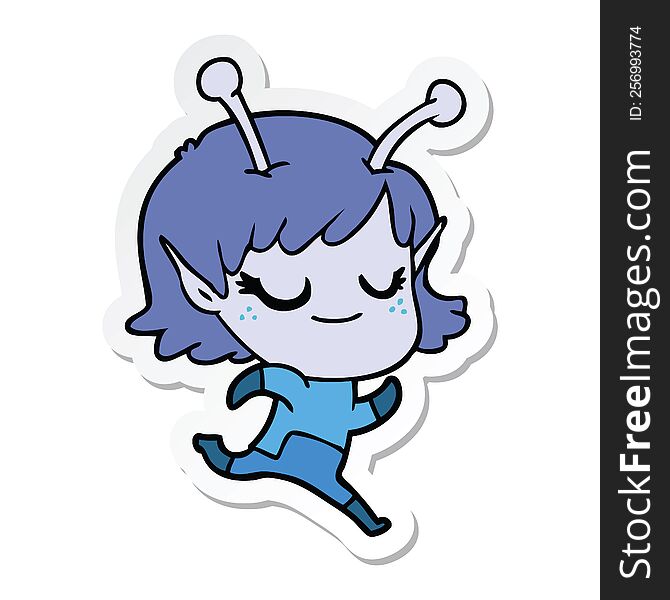 Sticker Of A Smiling Alien Girl Cartoon Running