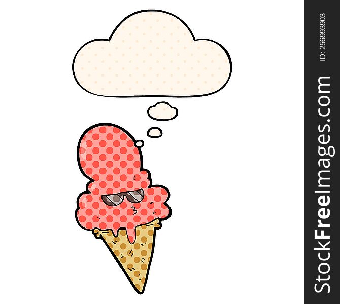 Cartoon Cool Ice Cream And Thought Bubble In Comic Book Style