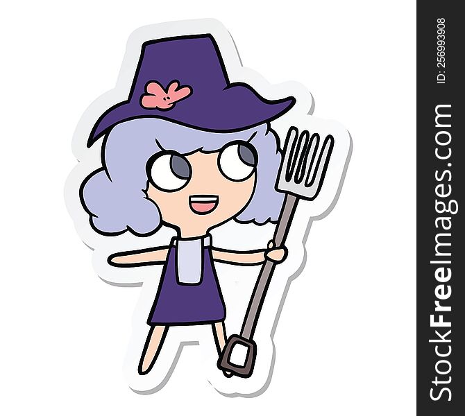 sticker of a cartoon farmer girl with fork