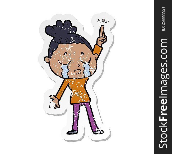 distressed sticker of a cartoon crying woman raising hand