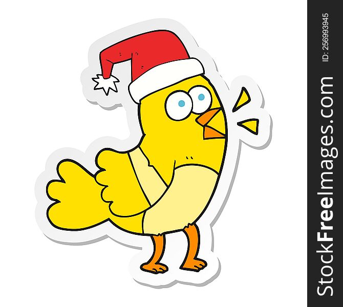 Sticker Of A Cartoon Bird Wearing Christmas Hat