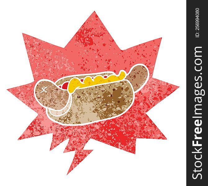cartoon hot dog and speech bubble in retro textured style
