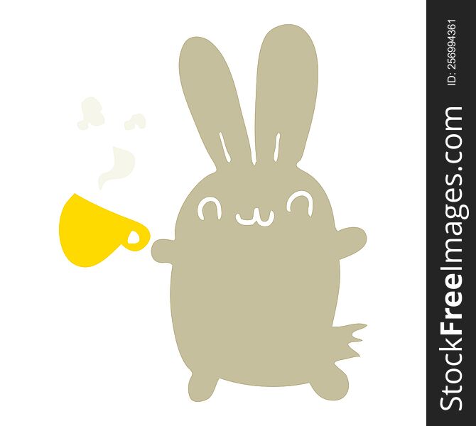 cute flat color style cartoon rabbit drinking coffee