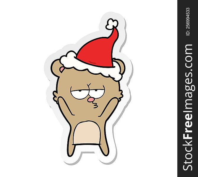 bored bear hand drawn sticker cartoon of a wearing santa hat. bored bear hand drawn sticker cartoon of a wearing santa hat