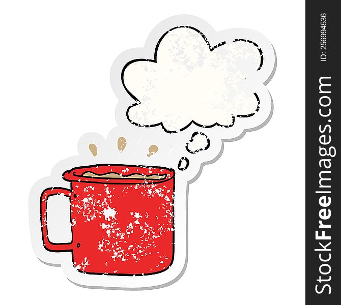 Cartoon Camping Cup Of Coffee And Thought Bubble As A Distressed Worn Sticker