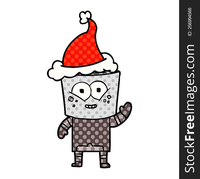 happy hand drawn comic book style illustration of a robot waving hello wearing santa hat