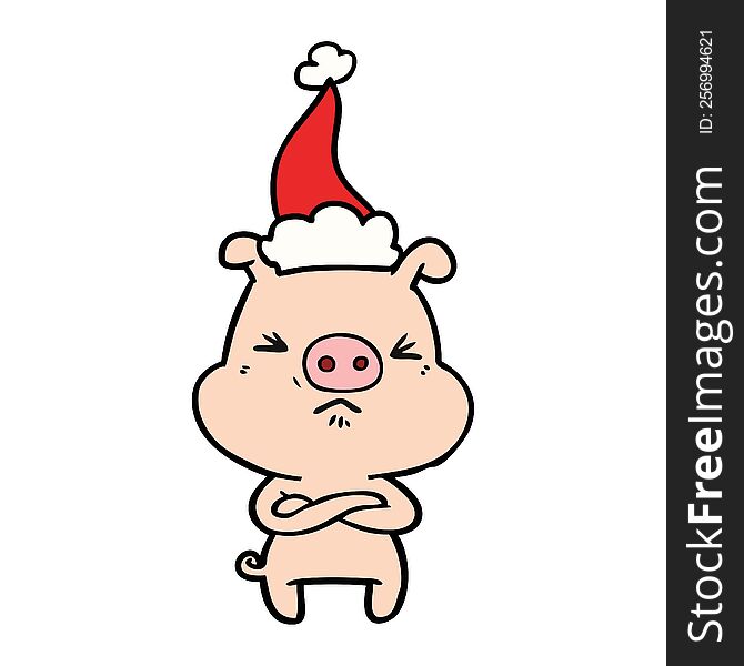 Line Drawing Of A Angry Pig Wearing Santa Hat