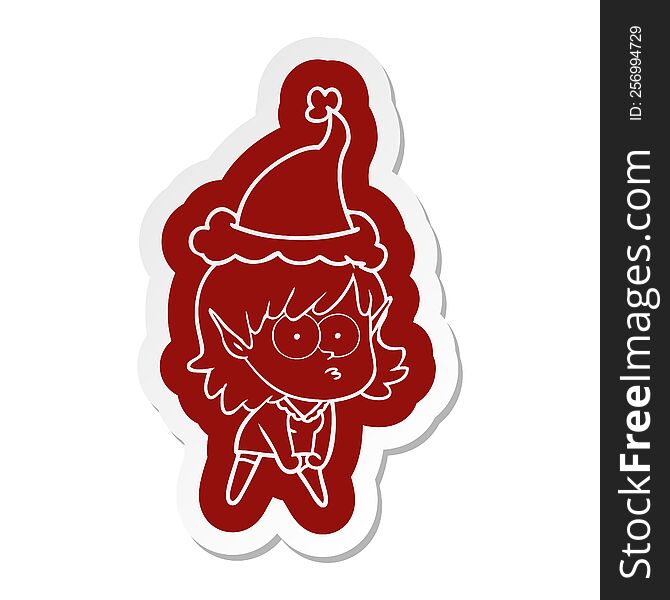 quirky cartoon  sticker of a elf girl staring and crouching wearing santa hat