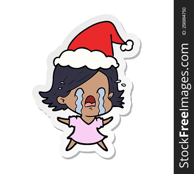 hand drawn sticker cartoon of a woman crying wearing santa hat