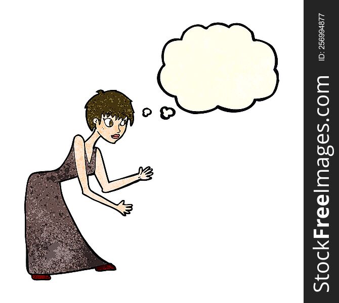 Cartoon Woman In Dress Gesturing With Thought Bubble