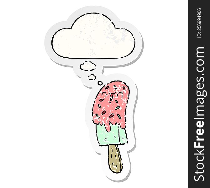 Cartoon Ice Lolly And Thought Bubble As A Distressed Worn Sticker