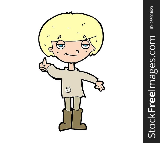 cartoon boy in poor clothing giving thumbs up symbol