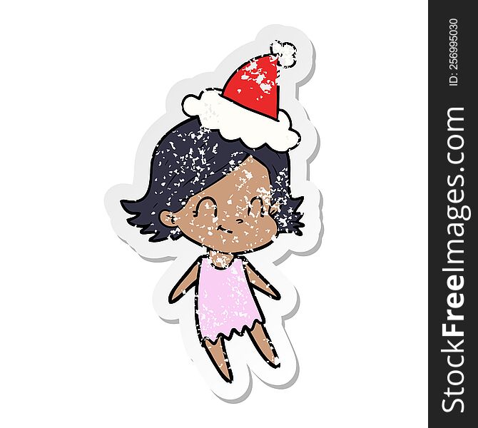 hand drawn distressed sticker cartoon of a friendly girl wearing santa hat
