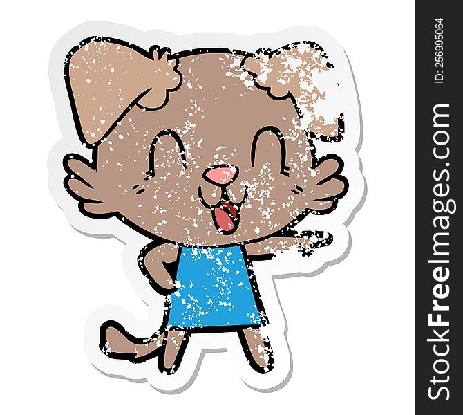 distressed sticker of a laughing cartoon dog in dress
