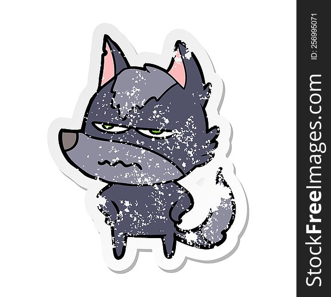 distressed sticker of a cartoon annoyed wolf