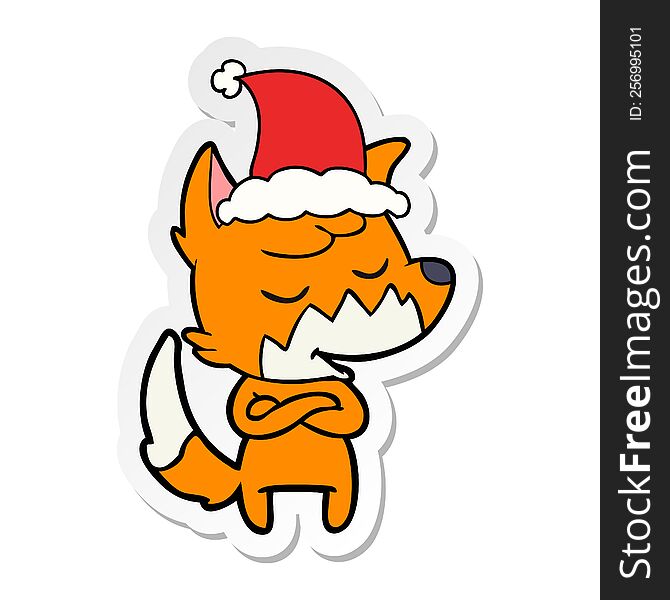 friendly hand drawn sticker cartoon of a fox wearing santa hat. friendly hand drawn sticker cartoon of a fox wearing santa hat