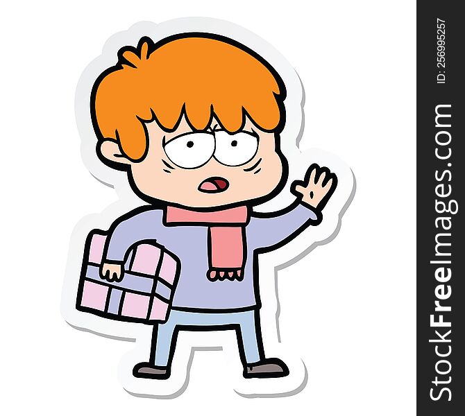 sticker of a cartoon exhausted boy