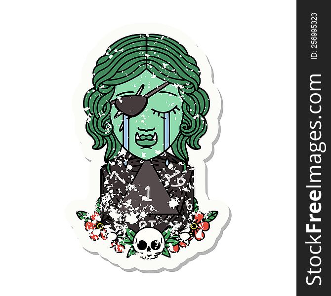 grunge sticker of a crying half orc rogue character with natural one D20 roll. grunge sticker of a crying half orc rogue character with natural one D20 roll