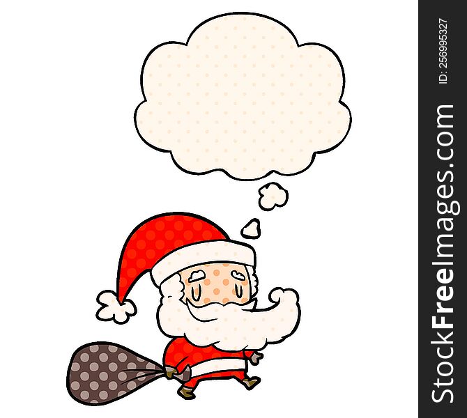 Cartoon Santa Claus With Sack And Thought Bubble In Comic Book Style