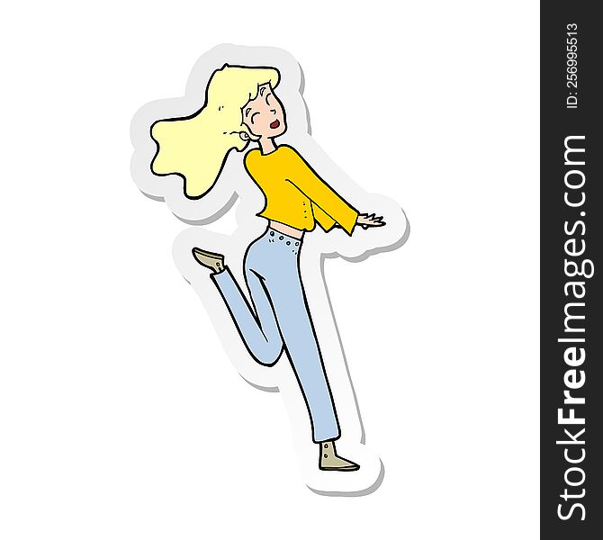 Sticker Of A Cartoon Happy Girl Kicking Out Leg