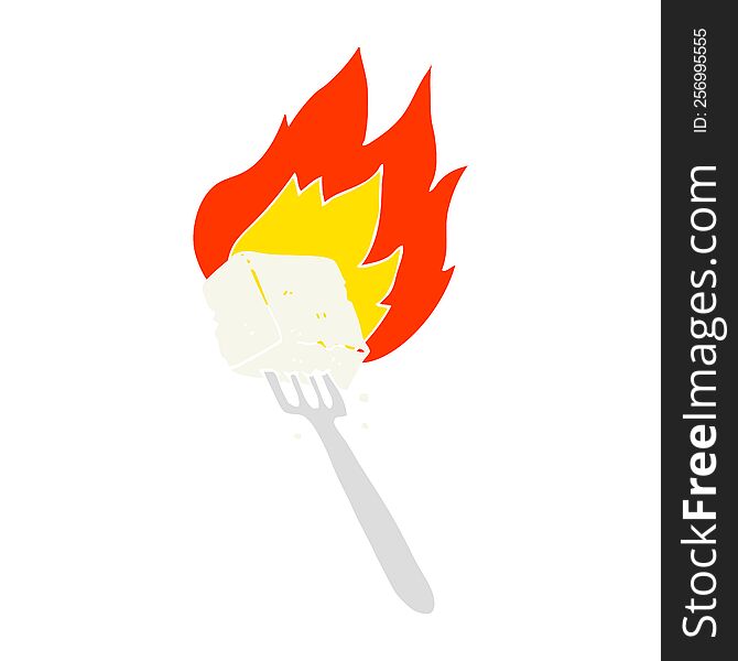 flat color illustration of a cartoon flaming tofu on fork