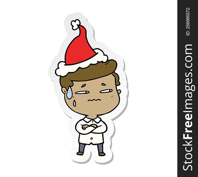 Sticker Cartoon Of A Anxious Man Wearing Santa Hat