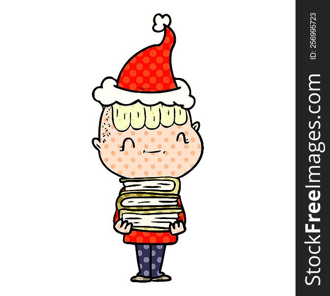 Comic Book Style Illustration Of A Friendly Boy With Books Wearing Santa Hat