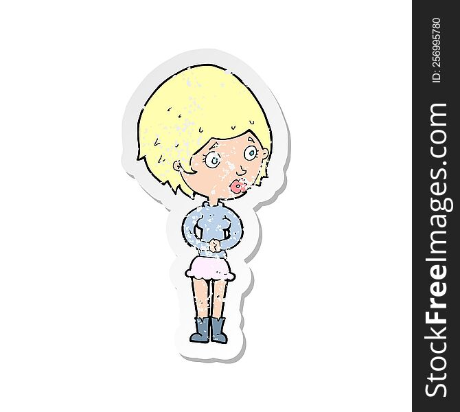 Retro Distressed Sticker Of A Cartoon Concerned Woman