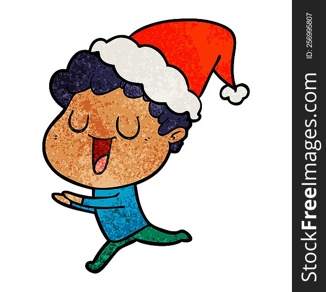 Laughing Textured Cartoon Of A Man Running Wearing Santa Hat