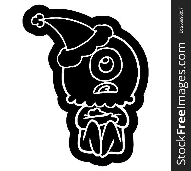 Cartoon Icon Of A Cyclops Alien Spaceman Wearing Santa Hat