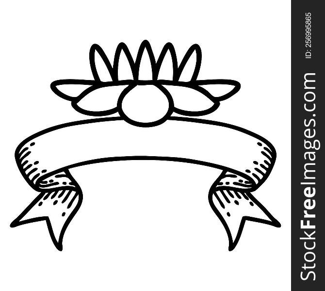 Black Linework Tattoo With Banner Of A Lily Pad Flower