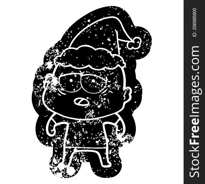 Cartoon Distressed Icon Of A Tired Bald Man Wearing Santa Hat