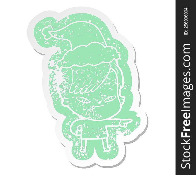 cute quirky cartoon distressed sticker of a girl with hipster haircut wearing santa hat