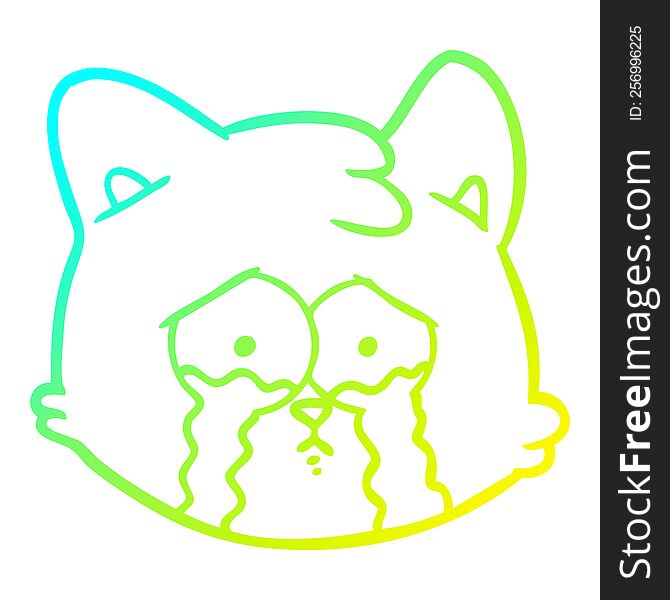 Cold Gradient Line Drawing Crying Cartoon Cat Face