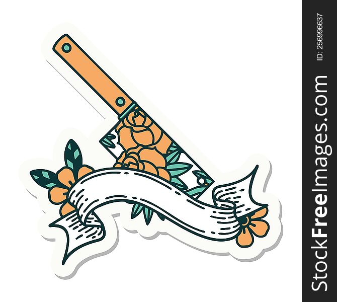 tattoo style sticker with banner of a cleaver and flowers