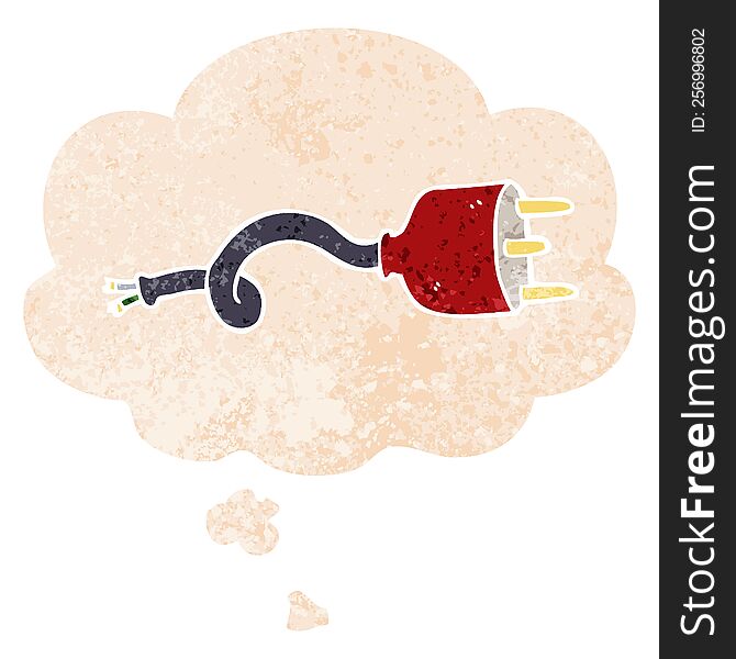 cartoon electrical plug and thought bubble in retro textured style