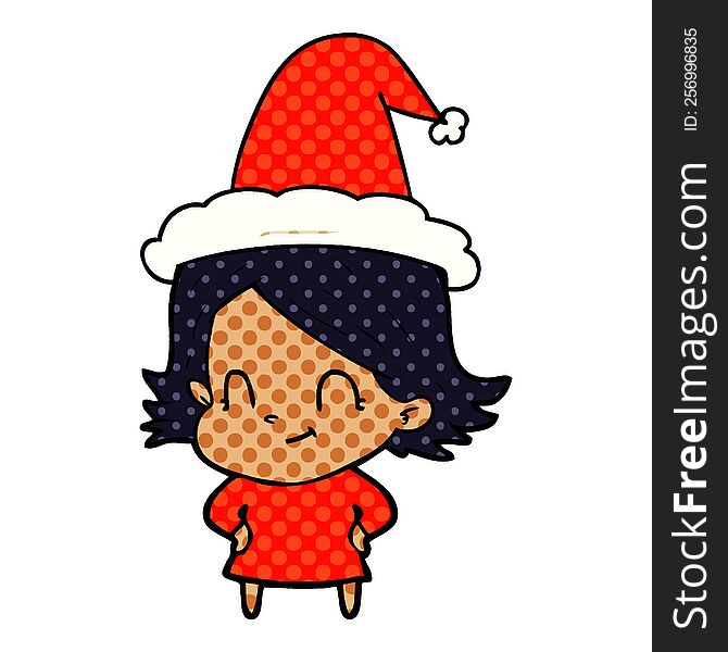 hand drawn comic book style illustration of a friendly girl wearing santa hat