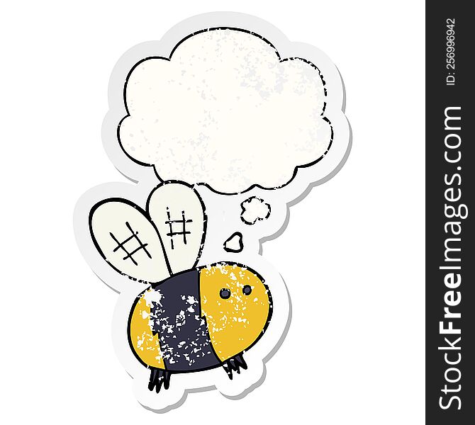 Cartoon Bee And Thought Bubble As A Distressed Worn Sticker