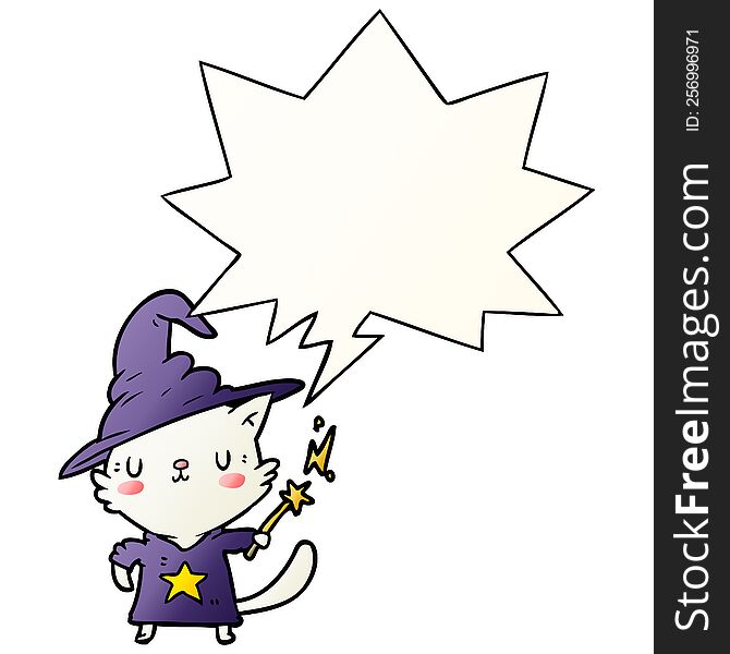 magical amazing cartoon cat wizard with speech bubble in smooth gradient style