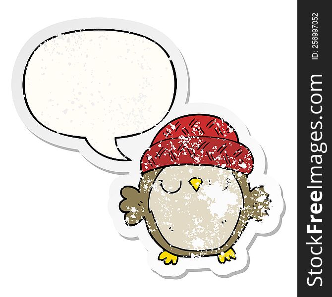 Cute Cartoon Owl In Hat And Speech Bubble Distressed Sticker