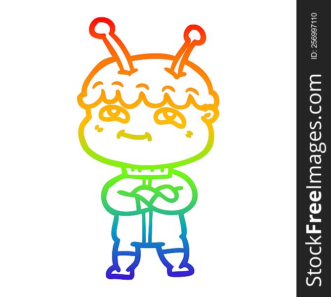 rainbow gradient line drawing of a friendly cartoon spaceman