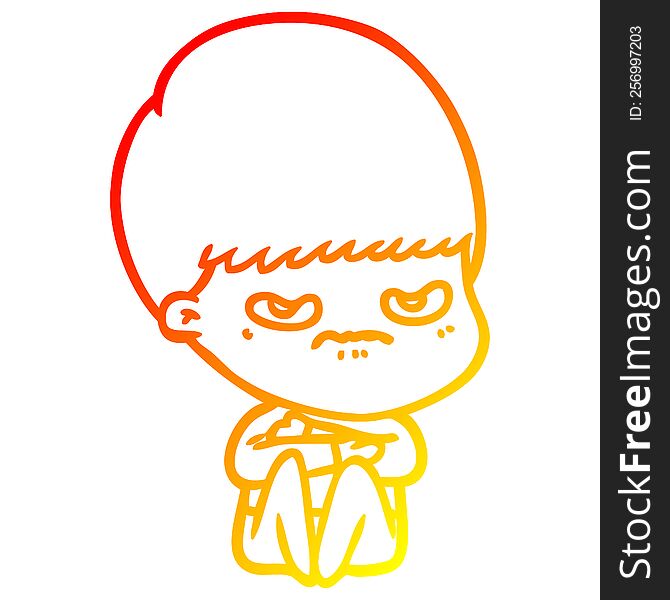 Warm Gradient Line Drawing Cartoon Angry Boy Sitting