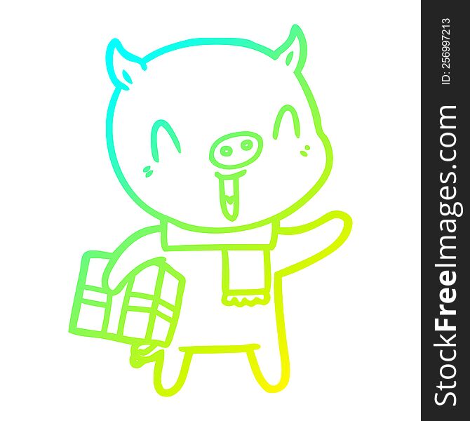 cold gradient line drawing of a happy cartoon pig with xmas present