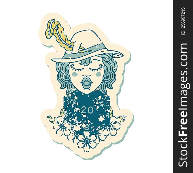 grunge sticker of a human bard with natural 20 dice roll. grunge sticker of a human bard with natural 20 dice roll