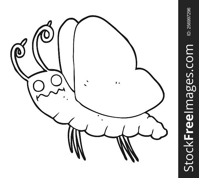 freehand drawn black and white cartoon funny butterfly