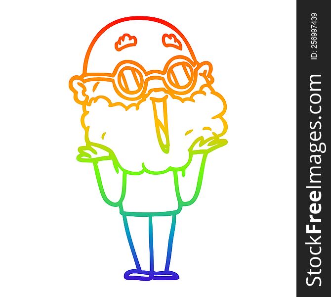 rainbow gradient line drawing of a cartoon joyful man with beard shrugging