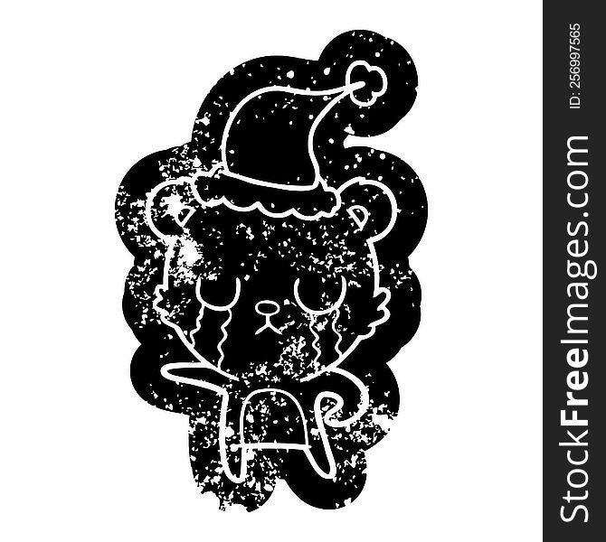crying quirky cartoon distressed icon of a bear wearing santa hat