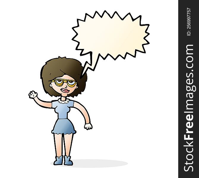 Cartoon Waving Woman Wearing Spectacles With Speech Bubble