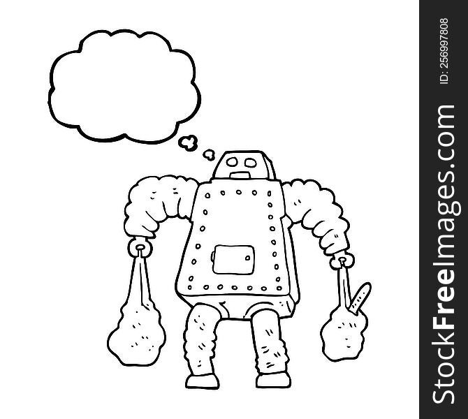 freehand drawn thought bubble cartoon robot carrying shopping